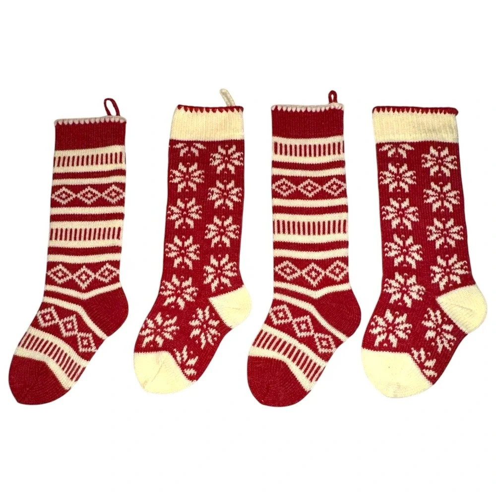 Set of 4‎ - Pier 1 Imports Family Christmas Stocking Red & Cream EUC